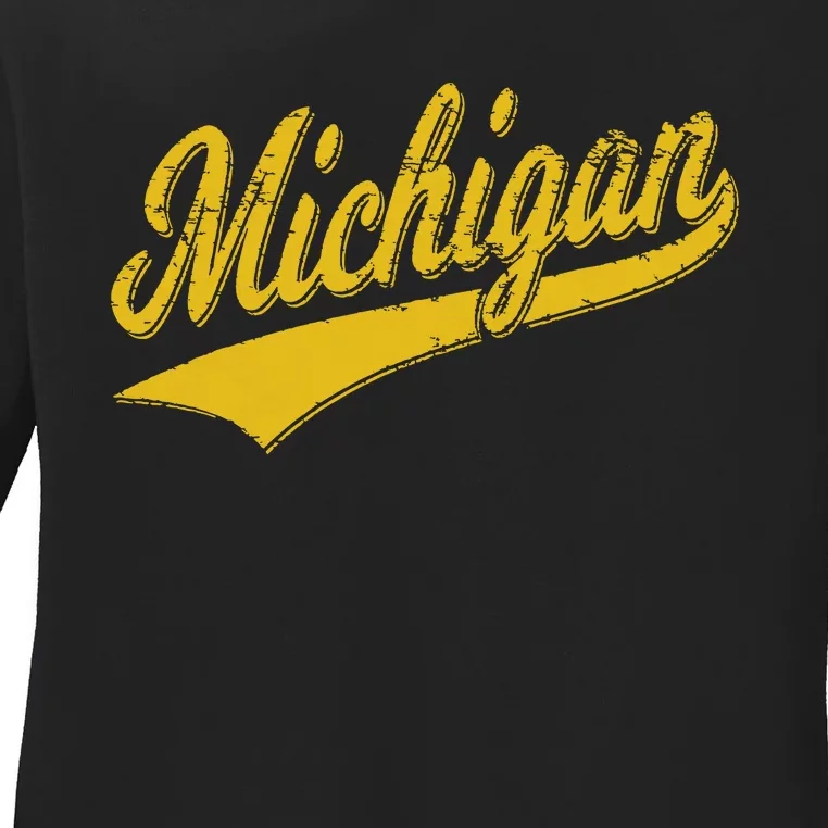 State Of Michigan Varsity Script Classic Sports Jersey Style Ladies Long Sleeve Shirt