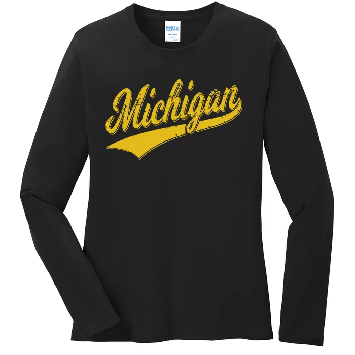 State Of Michigan Varsity Script Classic Sports Jersey Style Ladies Long Sleeve Shirt