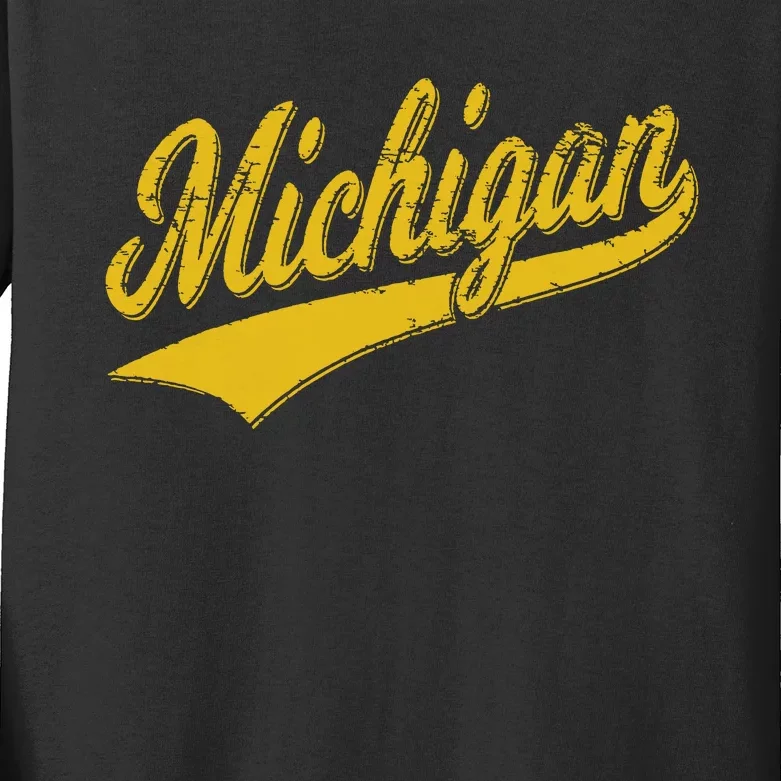 State Of Michigan Varsity Script Classic Sports Jersey Style Kids Long Sleeve Shirt