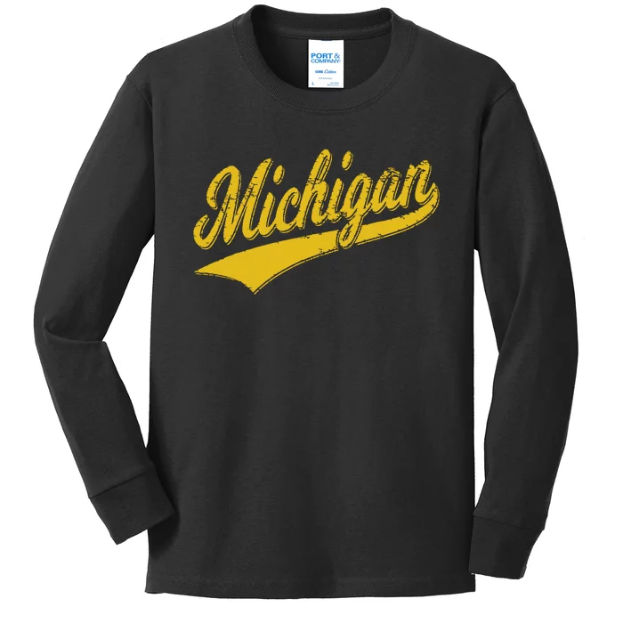 State Of Michigan Varsity Script Classic Sports Jersey Style Kids Long Sleeve Shirt