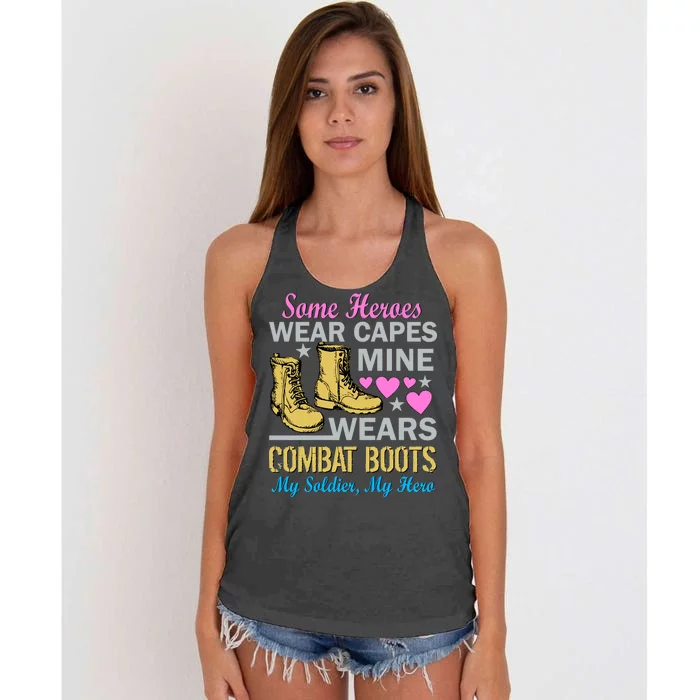 Some Heroes Wear Capes Mine Wears Combat Boots Women's Knotted Racerback Tank