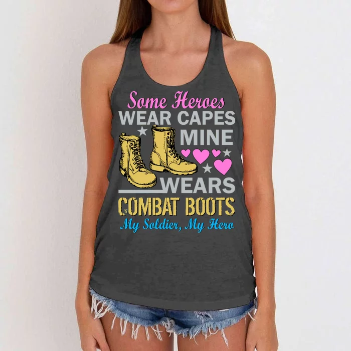 Some Heroes Wear Capes Mine Wears Combat Boots Women's Knotted Racerback Tank