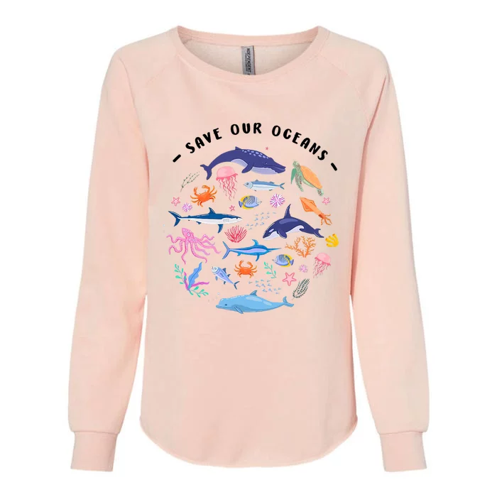 Save Our Oceans Seas, Sea Creatures, Sea Animals Protect Womens California Wash Sweatshirt