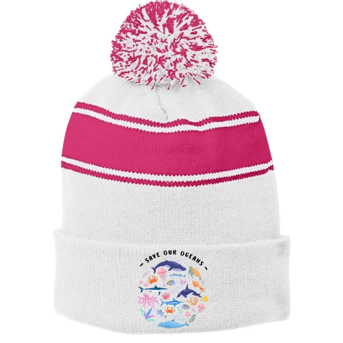 Save Our Oceans Seas, Sea Creatures, Sea Animals Protect Stripe Pom Pom Beanie