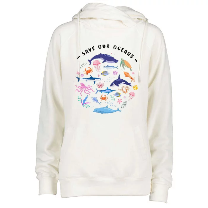 Save Our Oceans Seas Sea Creatures Sea Animals Protect Womens Funnel Neck Pullover Hood