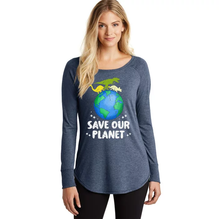 Save Our Planet Dinosaur Cute Earth Day Women's Perfect Tri Tunic Long Sleeve Shirt