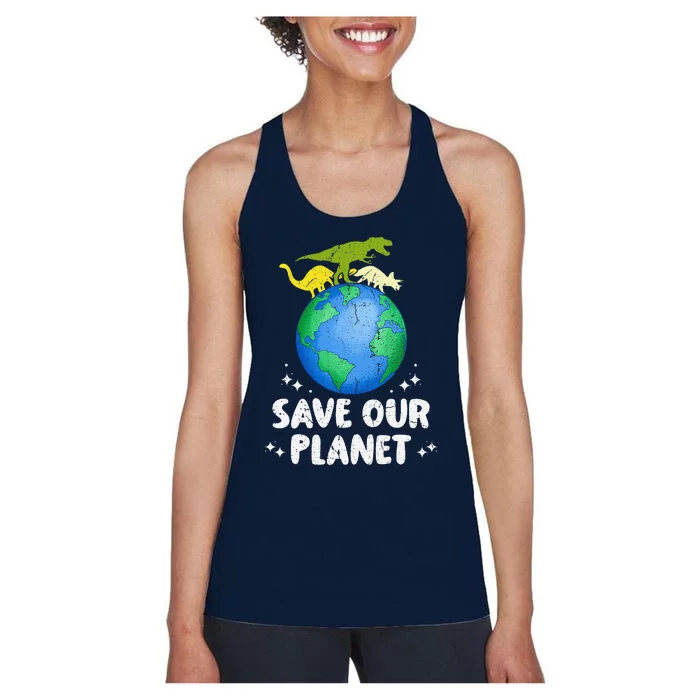 Save Our Planet Dinosaur Cute Earth Day Women's Racerback Tank