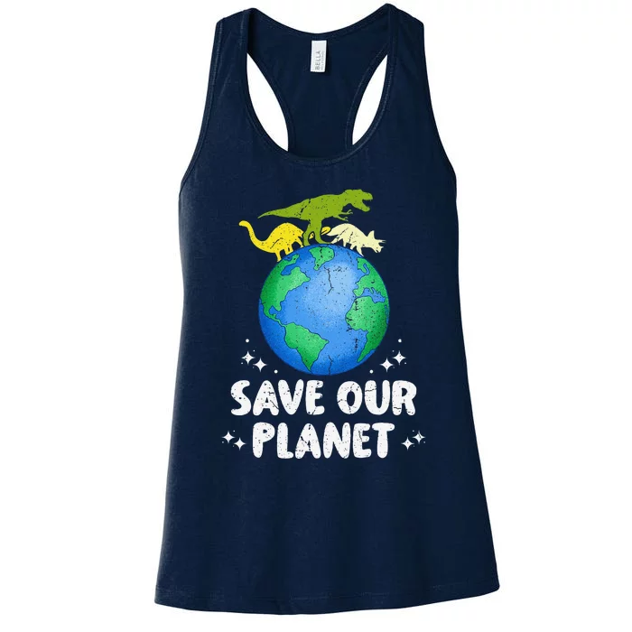 Save Our Planet Dinosaur Cute Earth Day Women's Racerback Tank