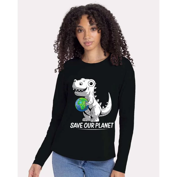 Save Our Planet Earth Day 2024 T Rex Environment Womens Cotton Relaxed Long Sleeve T-Shirt