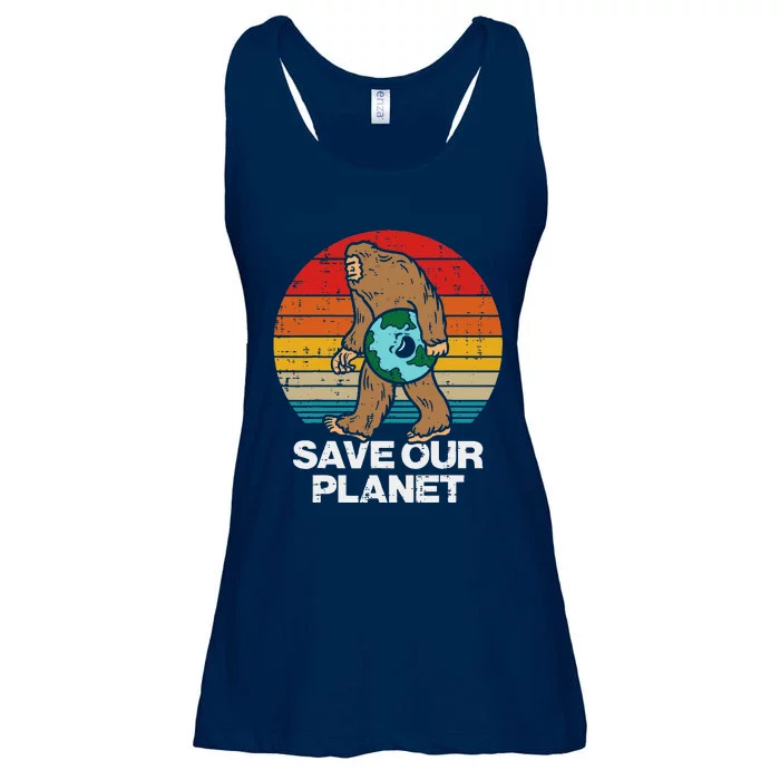 Save Our Planet Bigfoot Sunset Retro Earth Day Sasquatch Ladies Essential Flowy Tank