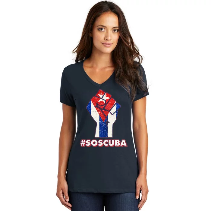 SOS Cuba Protest Fist Flag #SOSCUBA Women's V-Neck T-Shirt