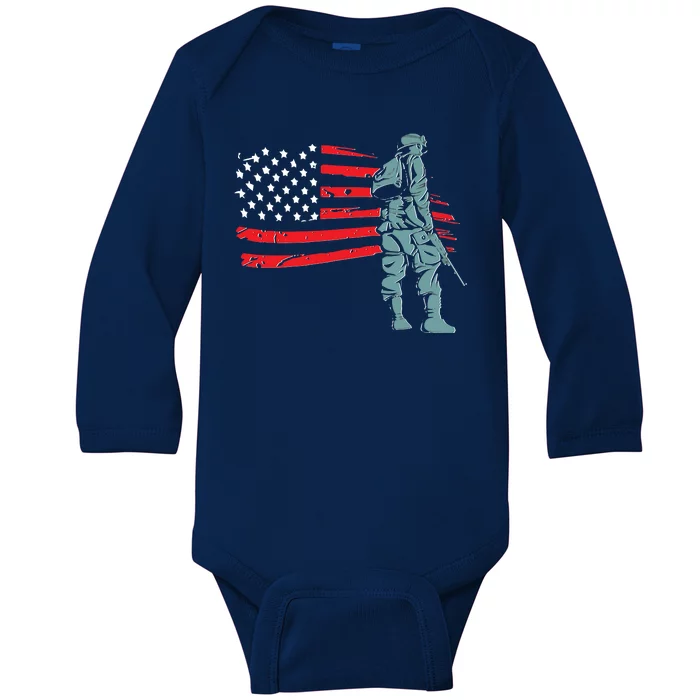 Support Our Soldiers USA American Flag Baby Long Sleeve Bodysuit