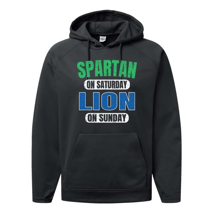 Spartan On Saturday Lion On Sunday Funny Detroit Vintage Performance Fleece Hoodie