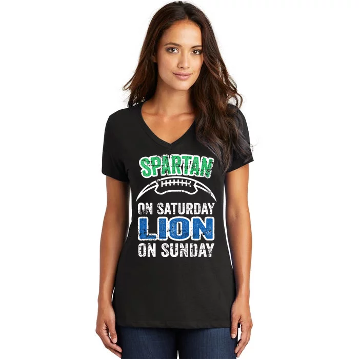 Spartan On Saturday Lion On Sunday Funny Detroit Wo Women's V-Neck T-Shirt