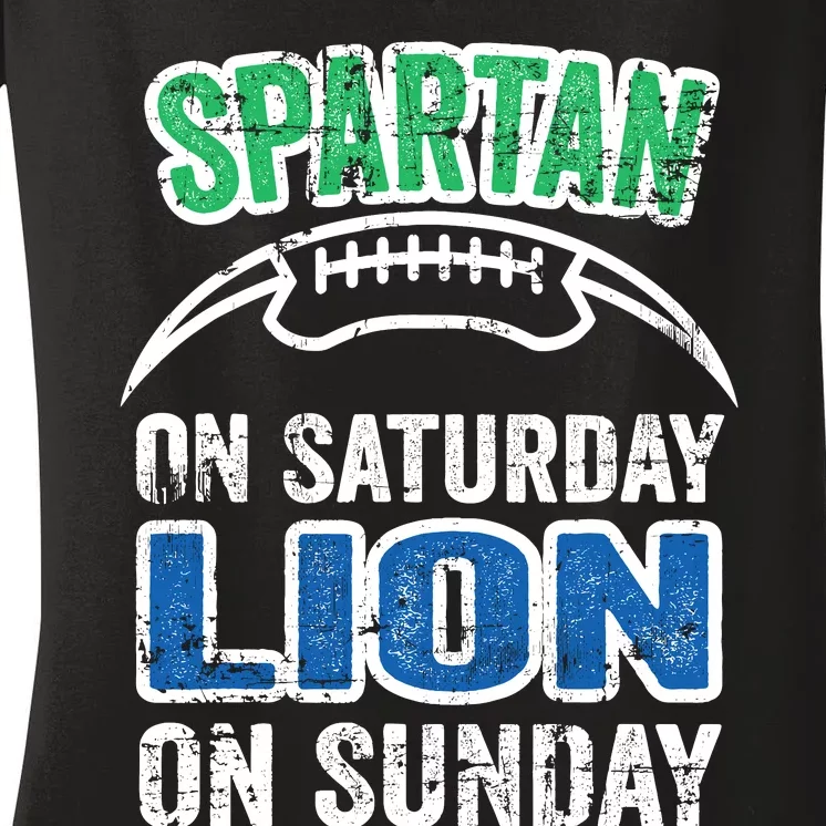 Spartan On Saturday Lion On Sunday Funny Detroit Wo Women's V-Neck T-Shirt