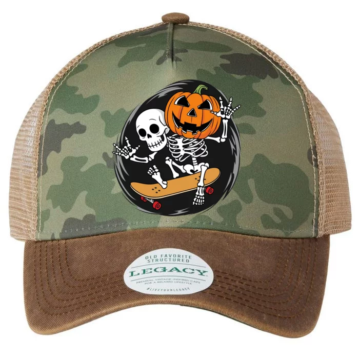 Skeleton On Skateboard With Jack O Lantern Head Funny Halloween Design Legacy Tie Dye Trucker Hat