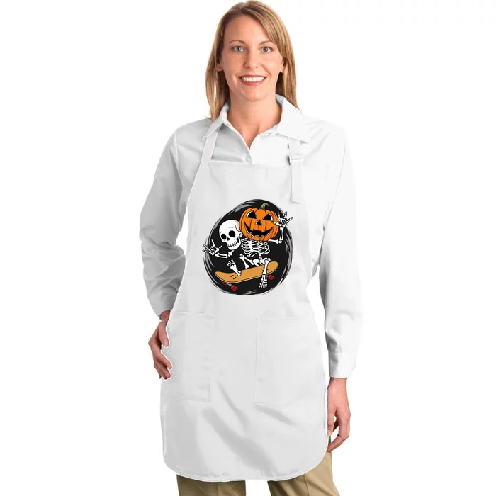 Skeleton On Skateboard With Jack O Lantern Head Funny Halloween Design Full-Length Apron With Pocket