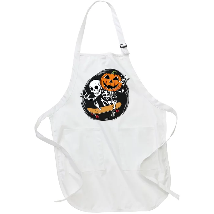 Skeleton On Skateboard With Jack O Lantern Head Funny Halloween Design Full-Length Apron With Pocket