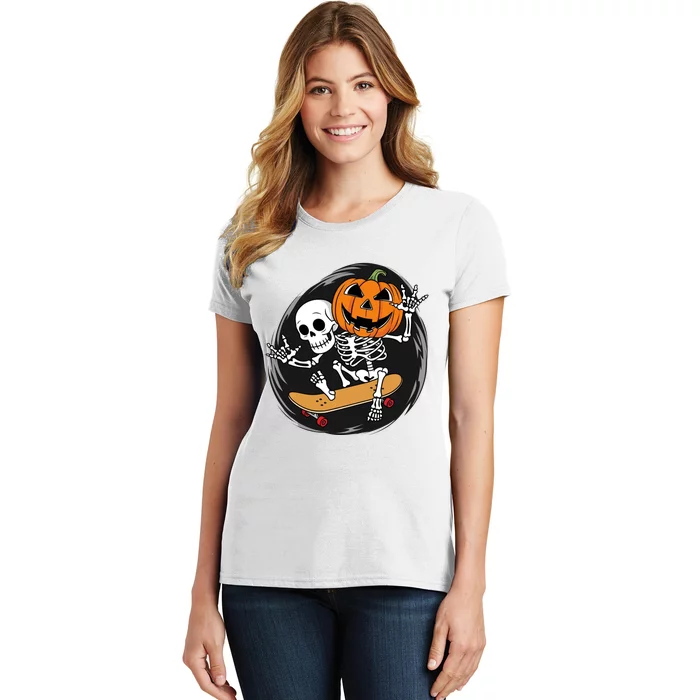 Skeleton On Skateboard With Jack O Lantern Head Funny Halloween Design Women's T-Shirt