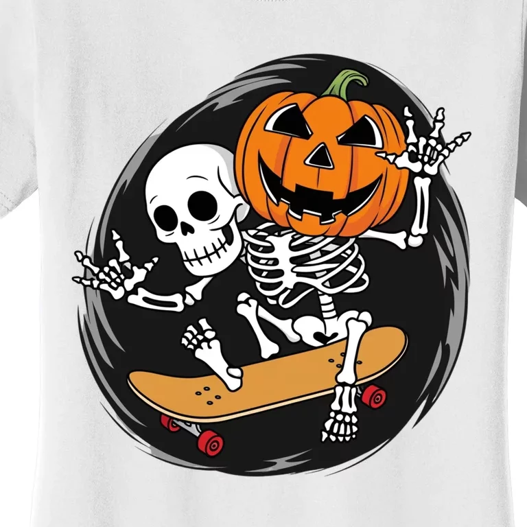 Skeleton On Skateboard With Jack O Lantern Head Funny Halloween Design Women's T-Shirt