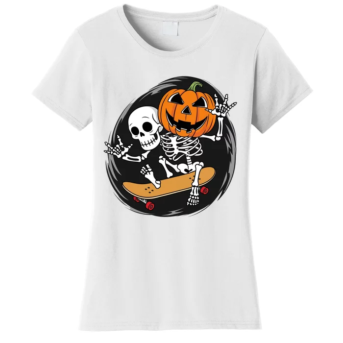 Skeleton On Skateboard With Jack O Lantern Head Funny Halloween Design Women's T-Shirt