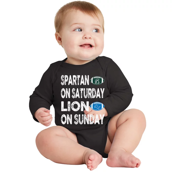 Spartan On Saturday Lion On Sunday Funny Detroit Vintage Fun Baby Long Sleeve Bodysuit