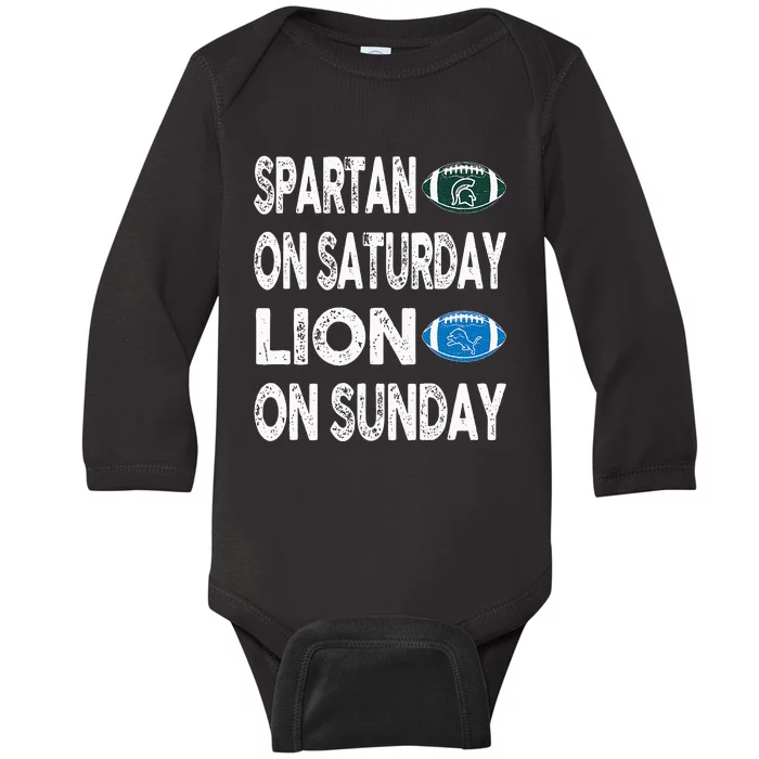 Spartan On Saturday Lion On Sunday Funny Detroit Vintage Fun Baby Long Sleeve Bodysuit