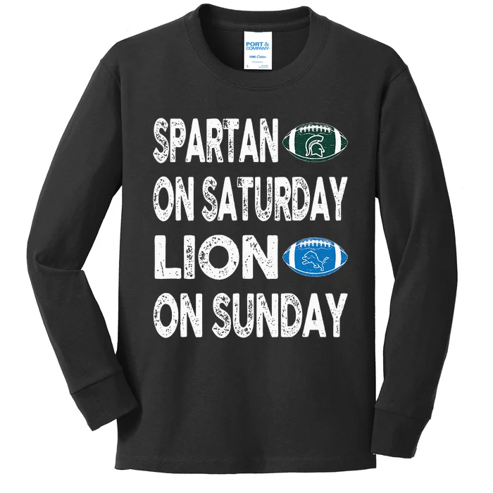 Spartan On Saturday Lion On Sunday Funny Detroit Vintage Fun Kids Long Sleeve Shirt