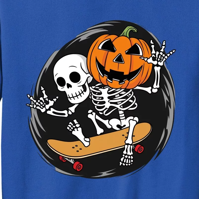 Skeleton On Skateboard With Jack O Lantern Head Funny Halloween Tall Sweatshirt