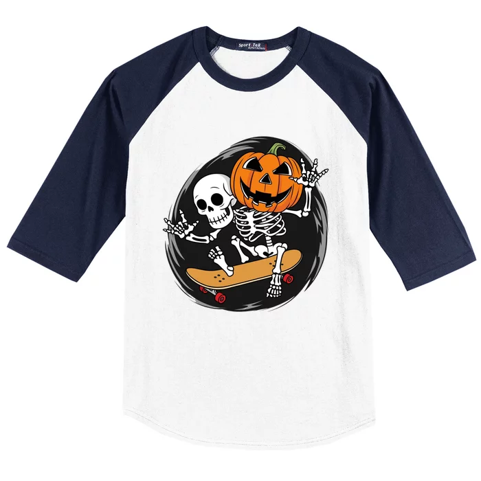 Skeleton On Skateboard With Jack O Lantern Head Funny Halloween Baseball Sleeve Shirt