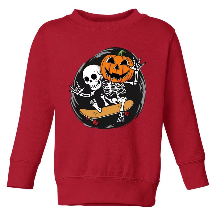 Skeleton On Skateboard With Jack O Lantern Head Funny Halloween Toddler Sweatshirt