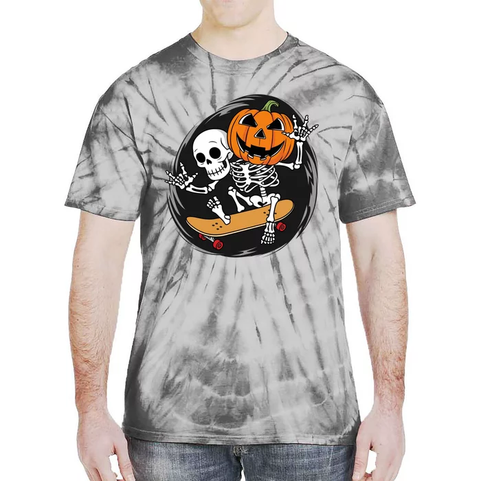 Skeleton On Skateboard With Jack O Lantern Head Funny Halloween Tie-Dye T-Shirt