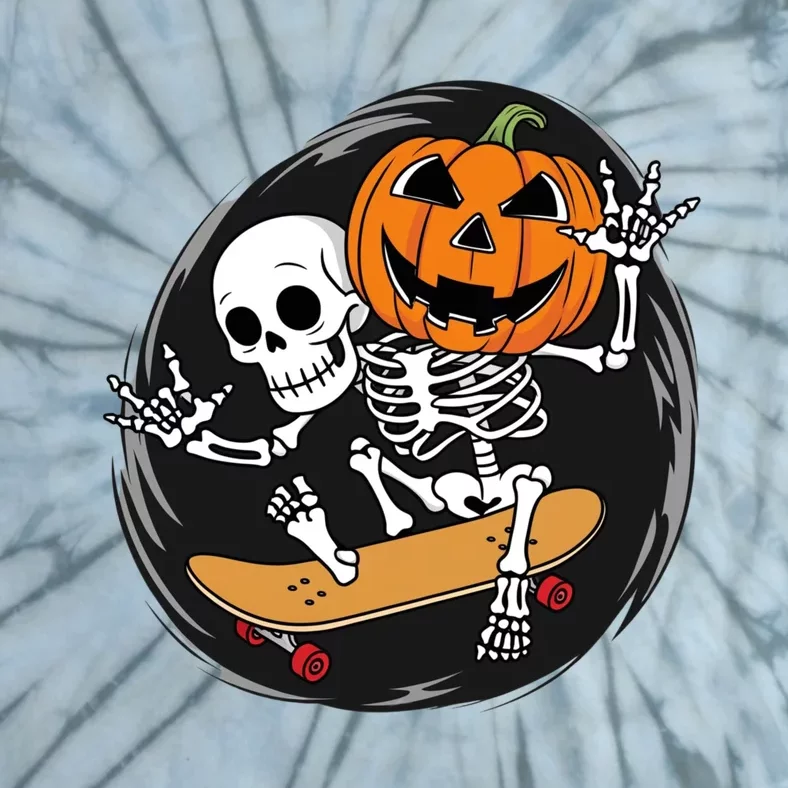 Skeleton On Skateboard With Jack O Lantern Head Funny Halloween Tie-Dye T-Shirt