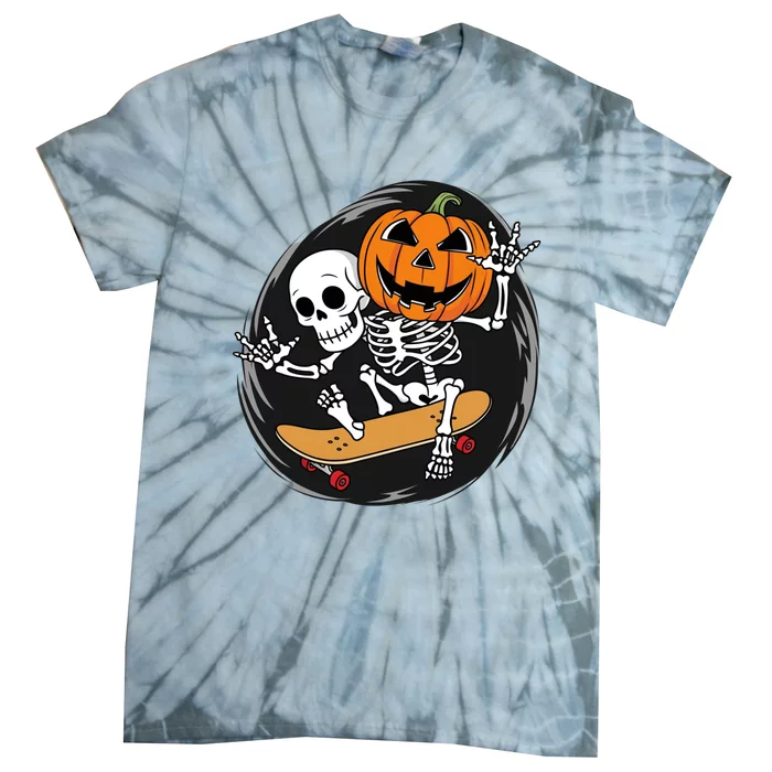 Skeleton On Skateboard With Jack O Lantern Head Funny Halloween Tie-Dye T-Shirt