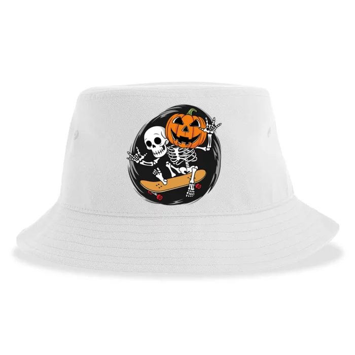 Skeleton On Skateboard With Jack O Lantern Head Funny Halloween Sustainable Bucket Hat