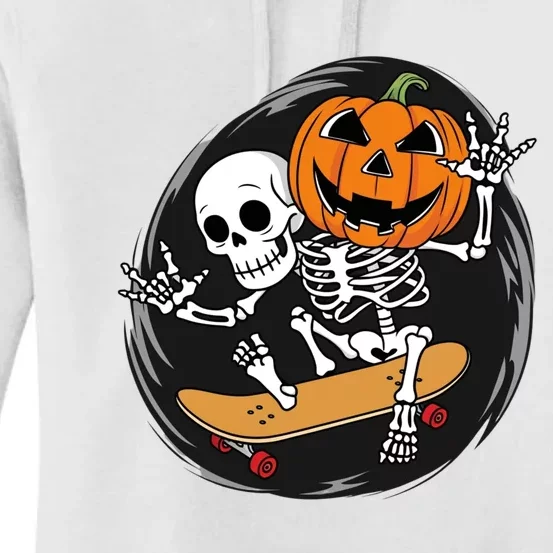 Skeleton On Skateboard With Jack O Lantern Head Funny Halloween Women's Pullover Hoodie