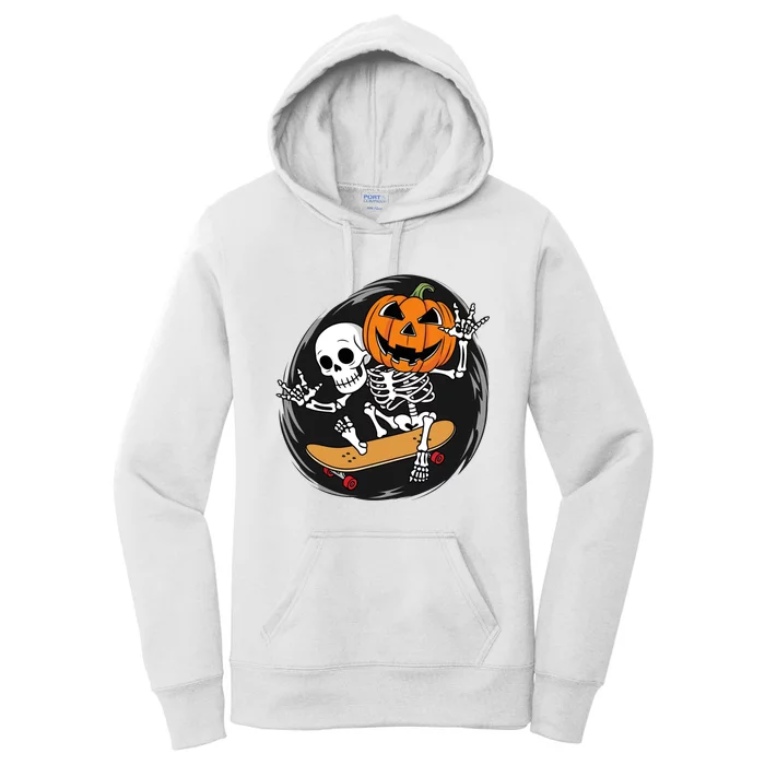 Skeleton On Skateboard With Jack O Lantern Head Funny Halloween Women's Pullover Hoodie