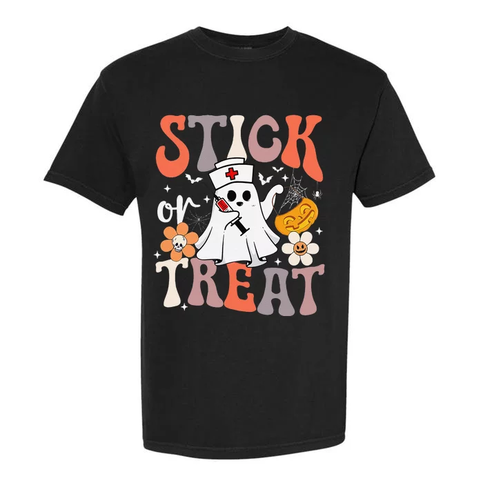 Stick Or Treat Ghost Nurse Halloween Crna Emergency Er Nurse Garment-Dyed Heavyweight T-Shirt