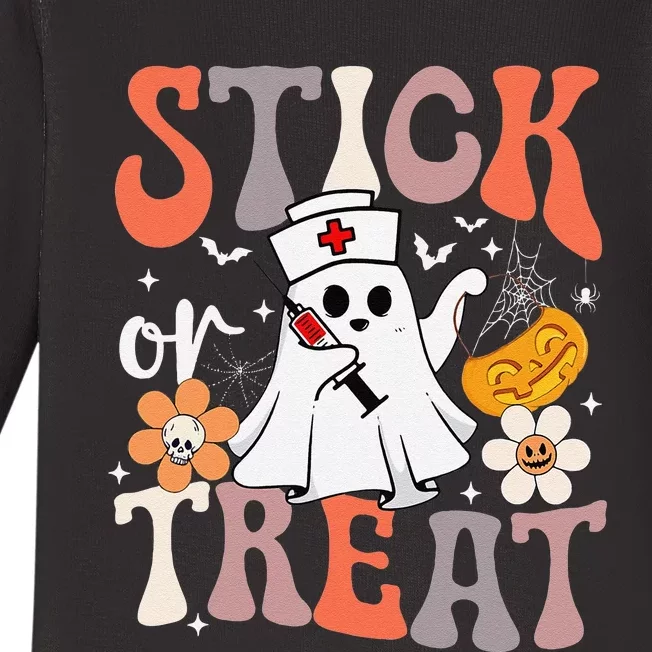 Stick Or Treat Ghost Nurse Halloween Crna Emergency Er Nurse Baby Long Sleeve Bodysuit