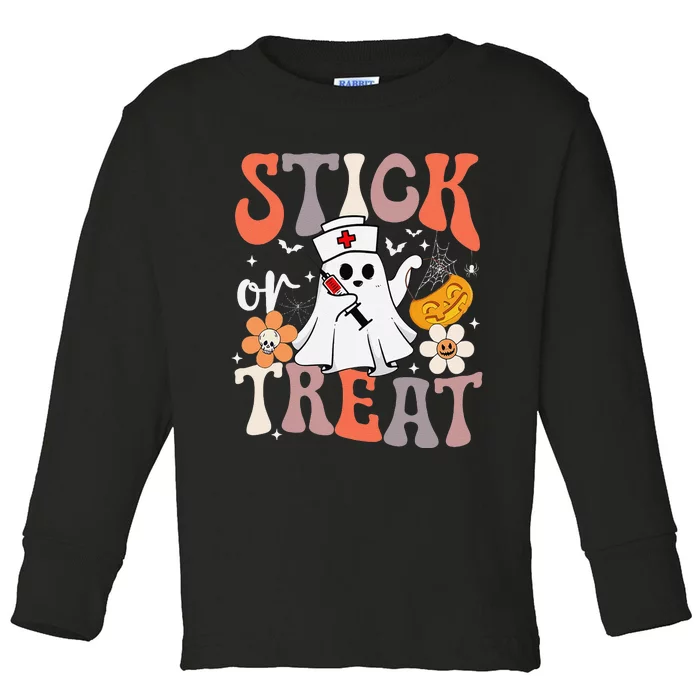 Stick Or Treat Ghost Nurse Halloween Crna Emergency Er Nurse Toddler Long Sleeve Shirt