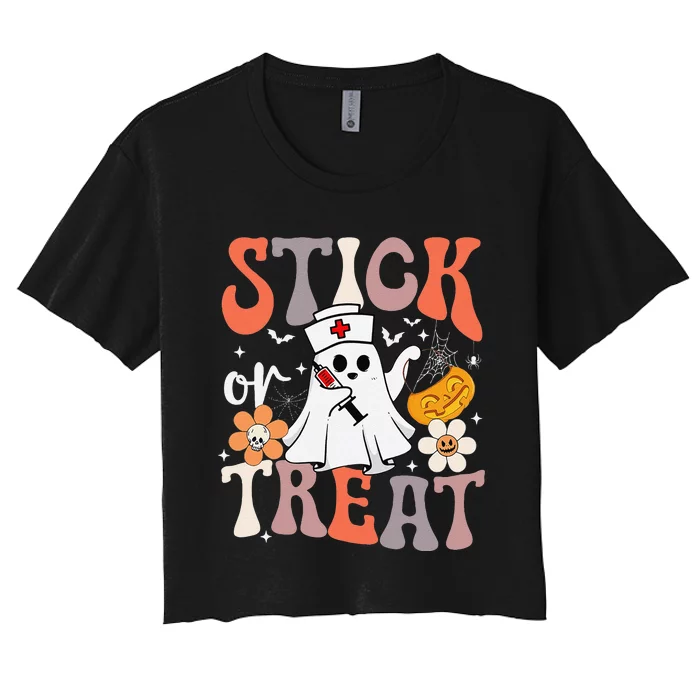 Stick Or Treat Ghost Nurse Halloween Crna Emergency Er Nurse Women's Crop Top Tee