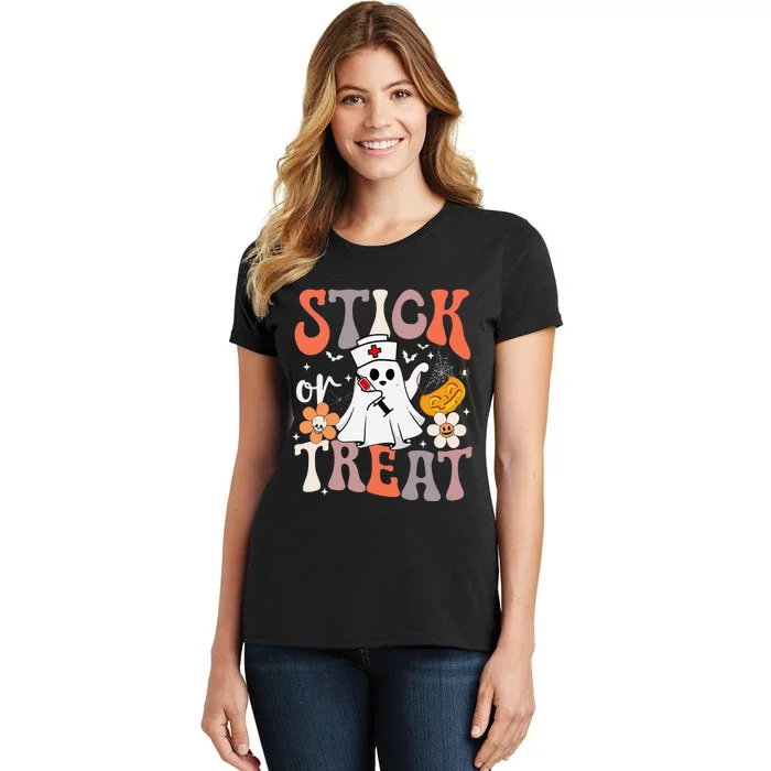 Stick Or Treat Ghost Nurse Halloween Crna Emergency Er Nurse Women's T-Shirt