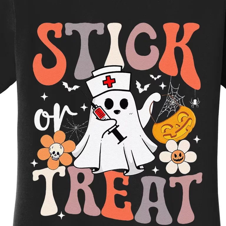 Stick Or Treat Ghost Nurse Halloween Crna Emergency Er Nurse Women's T-Shirt