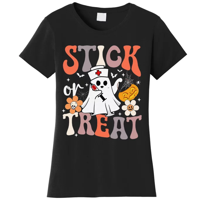 Stick Or Treat Ghost Nurse Halloween Crna Emergency Er Nurse Women's T-Shirt