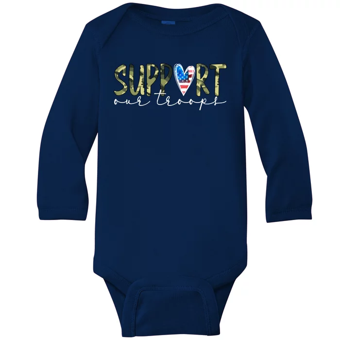 Support Our Trooper Usa Heart Baby Long Sleeve Bodysuit