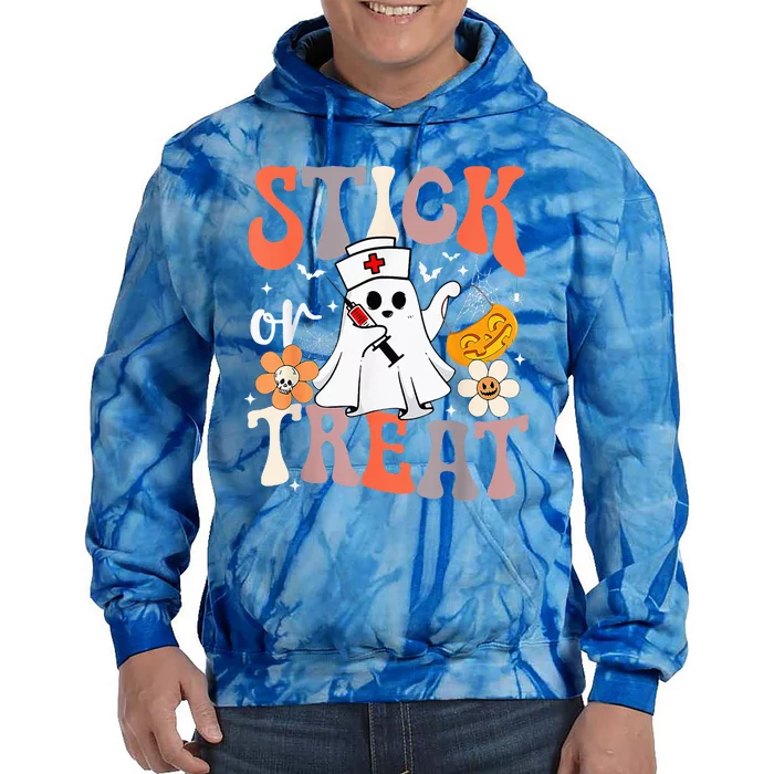 Stick Or Treat Ghost Nurse Halloween CRNA Emergency ER Nurse Tie Dye Hoodie