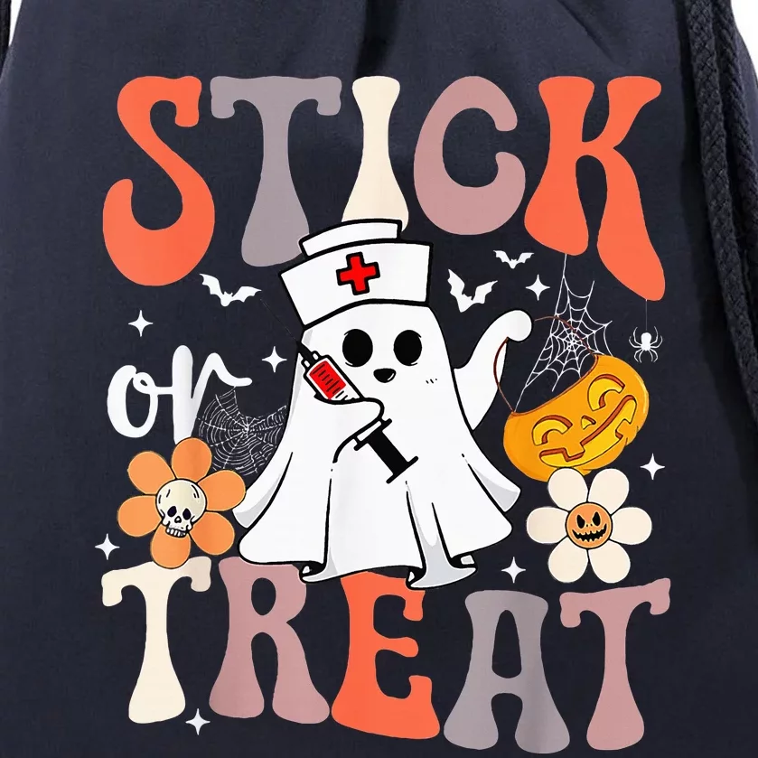 Stick Or Treat Ghost Nurse Halloween CRNA Emergency ER Nurse Drawstring Bag