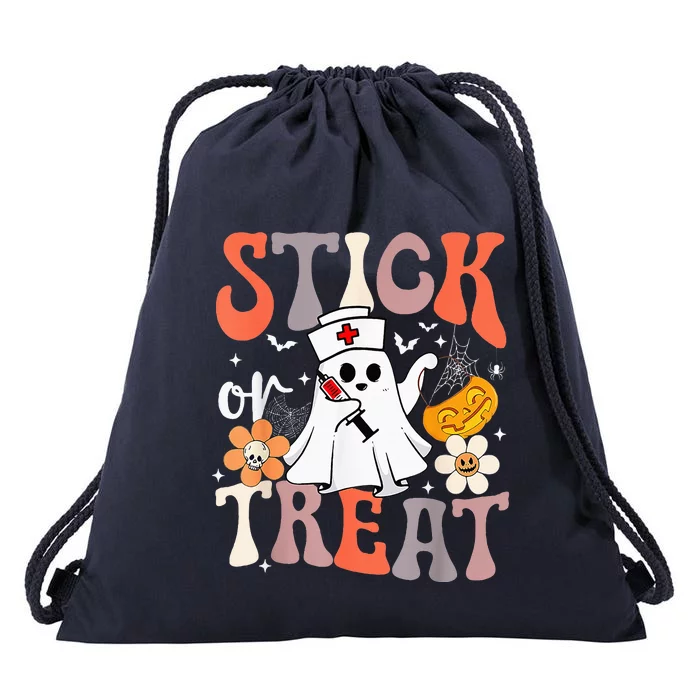 Stick Or Treat Ghost Nurse Halloween CRNA Emergency ER Nurse Drawstring Bag