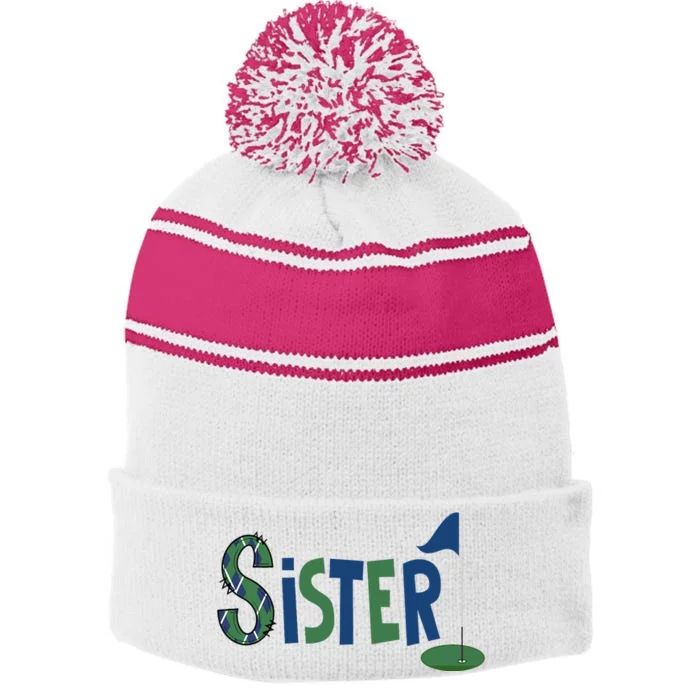 Sister Of The Birthday Boy Hole In One Golf Sport Matching Stripe Pom Pom Beanie