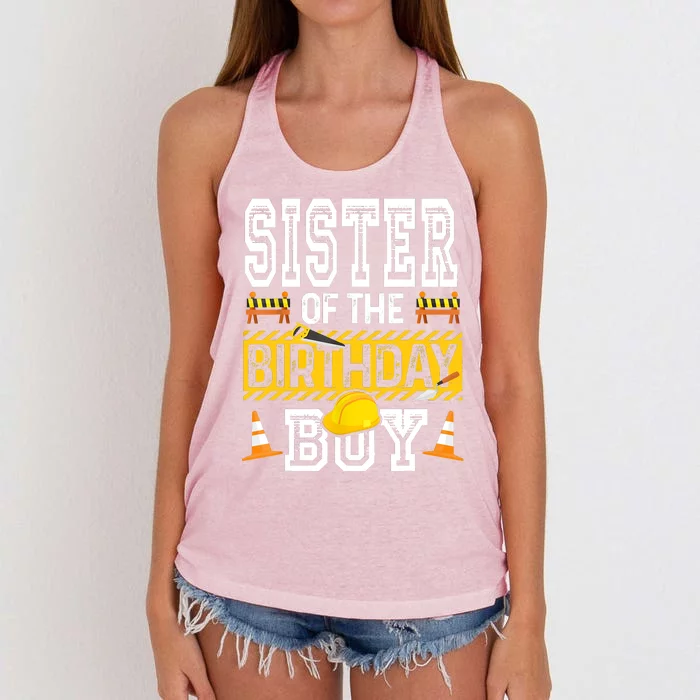 Sister Of The Birthday Boy Construction Birthday Party Hat Women's Knotted Racerback Tank